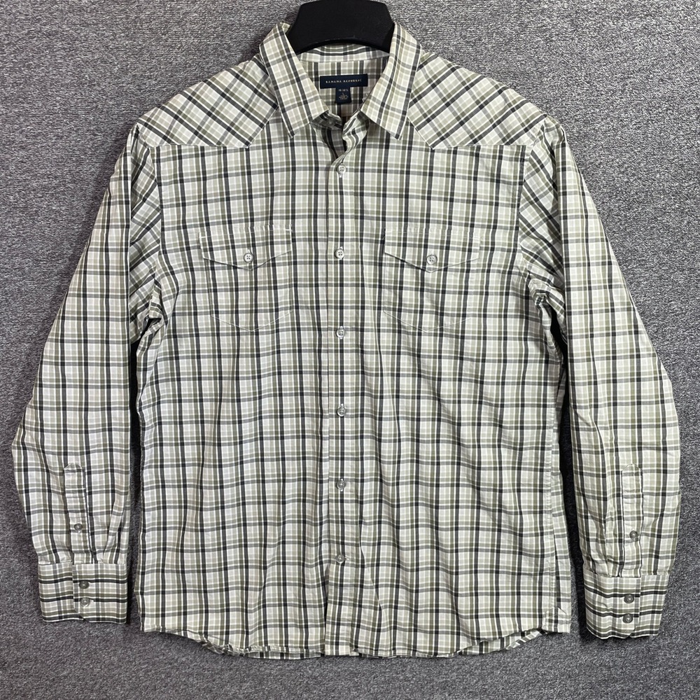 Banana Republic Shirt Mens L Olive Green Plaid Western Yoke Button Up Cotton‎